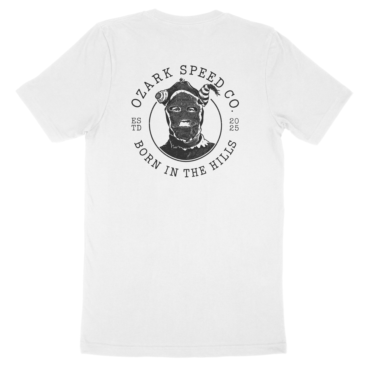 A white short-sleeve crewneck t-shirt with a black circular graphic on the chest featuring a stylized character and the text 'OZARK SPEED CO' and 'BORN IN THE HILLS'.