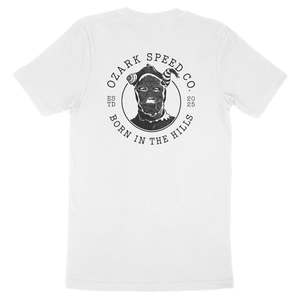 A white short-sleeve crewneck t-shirt with a black circular graphic on the chest featuring a stylized character and the text 'OZARK SPEED CO' and 'BORN IN THE HILLS'.